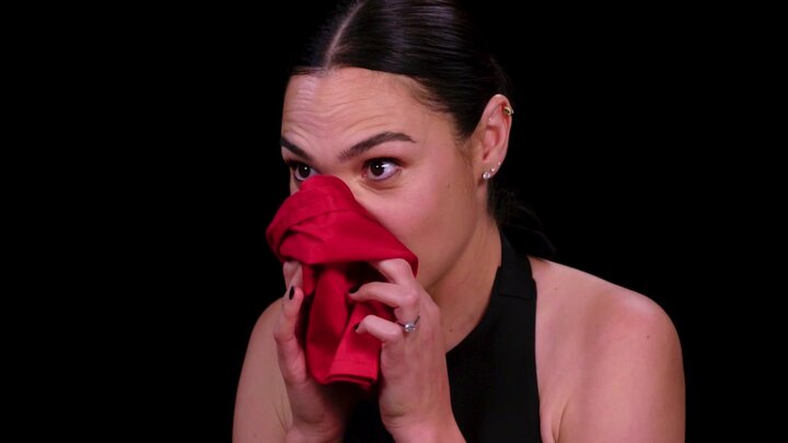 Gal Gadot Does a Spit Take While Eating Spicy Wings